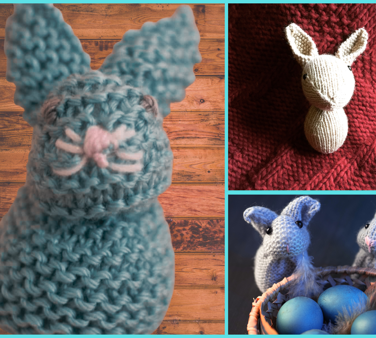 Nahaufnahme eines blauen Strickhasen mit rosafarber Schnauze vor Holzoptik, daneben weißer Hasen-Strickfigur auf rotem Wollhintergrund. | © Canva / AI [M]