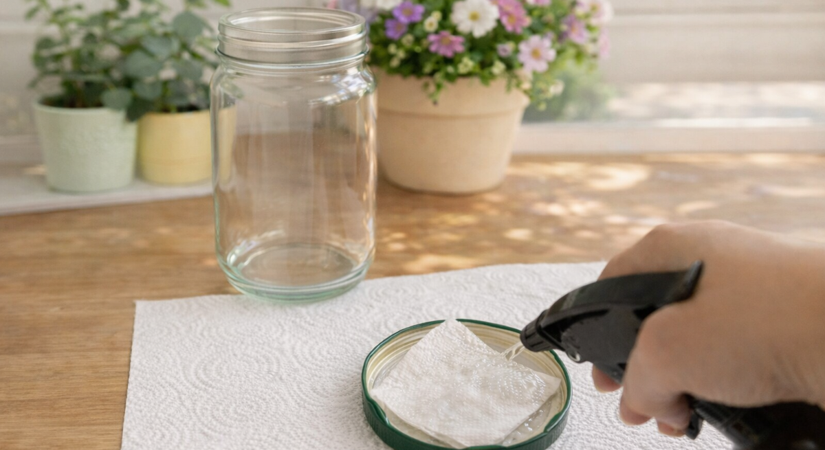 Eine Hand besprüht ein gefaltetes Papiertuch im grünen Deckel, daneben leeres Einmachglas auf Holztisch vor Blumen am Fenster.
