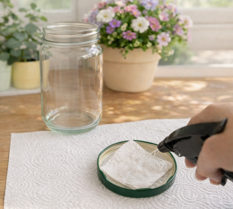 Eine Hand besprüht ein gefaltetes Papiertuch im grünen Deckel, daneben leeres Einmachglas auf Holztisch vor Blumen am Fenster. | © Generiert mit KI (Erstellt mit ChatGPT) 