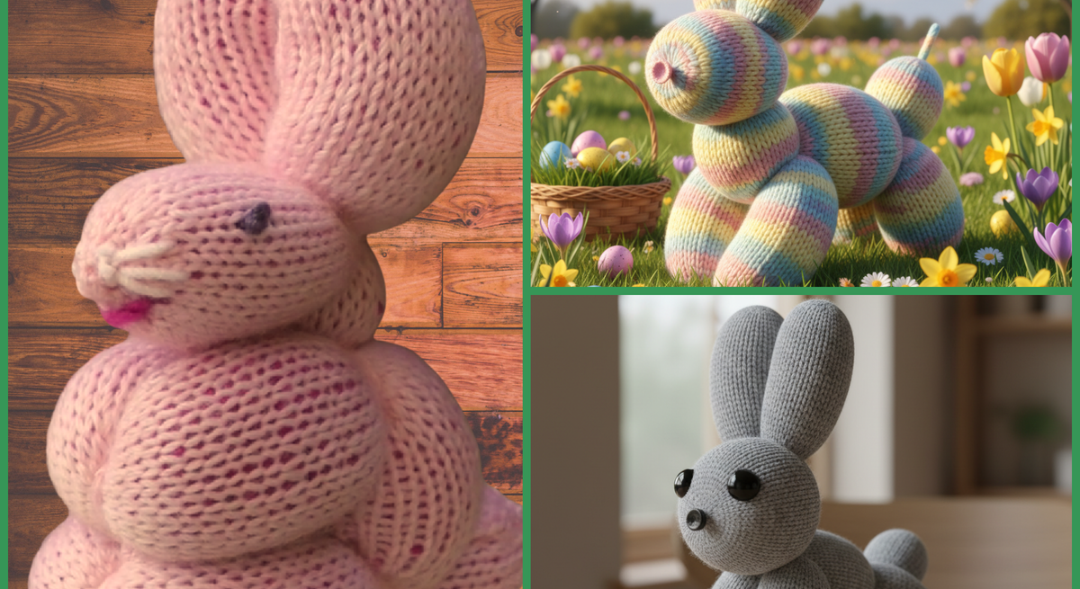 Drei gestrickte Hasenfiguren in Collage: ein rosa Hase auf Holzboden, ein bunt gestreifter Hase auf Blumenwiese und ein grauer Hase auf Holztisch.