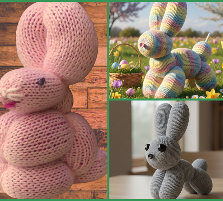 Drei gestrickte Hasenfiguren in Collage: ein rosa Hase auf Holzboden, ein bunt gestreifter Hase auf Blumenwiese und ein grauer Hase auf Holztisch. | © Canva / AI [M]