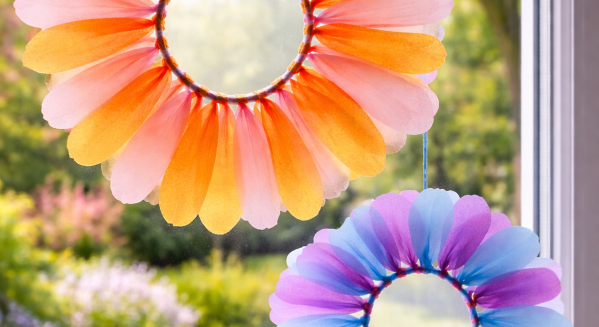 Zwei blütenförmige Blumenkränze hängen als Fensterdekoration in Orange und Violett  vor einem blühenden Frühlingsgarten mit Tulpen und Weg.