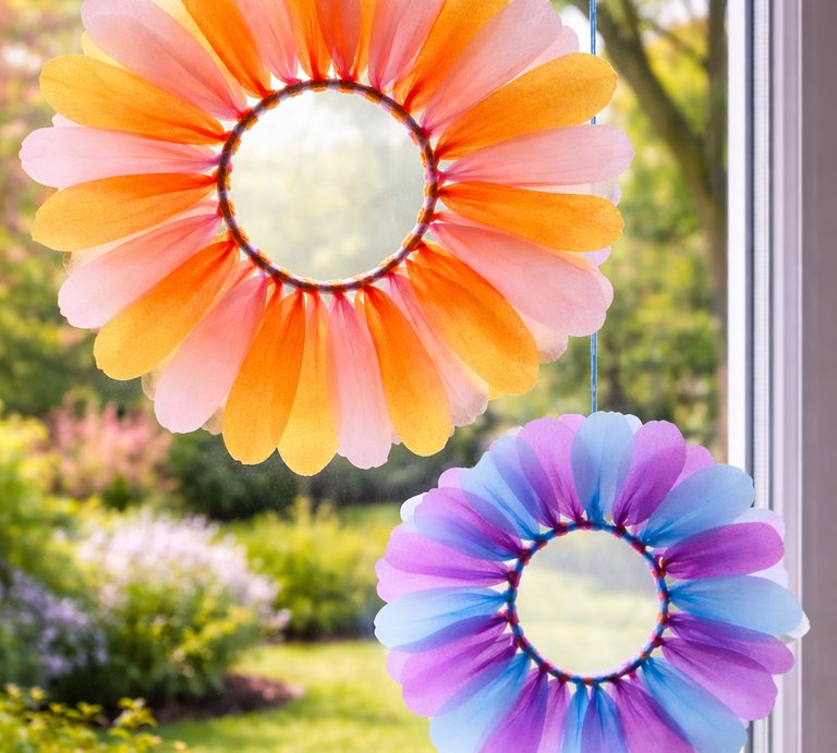 Zwei blütenförmige Blumenkränze hängen als Fensterdekoration in Orange und Violett  vor einem blühenden Frühlingsgarten mit Tulpen und Weg. | © Generiert mit KI (Erstellt mit ChatGPT) 