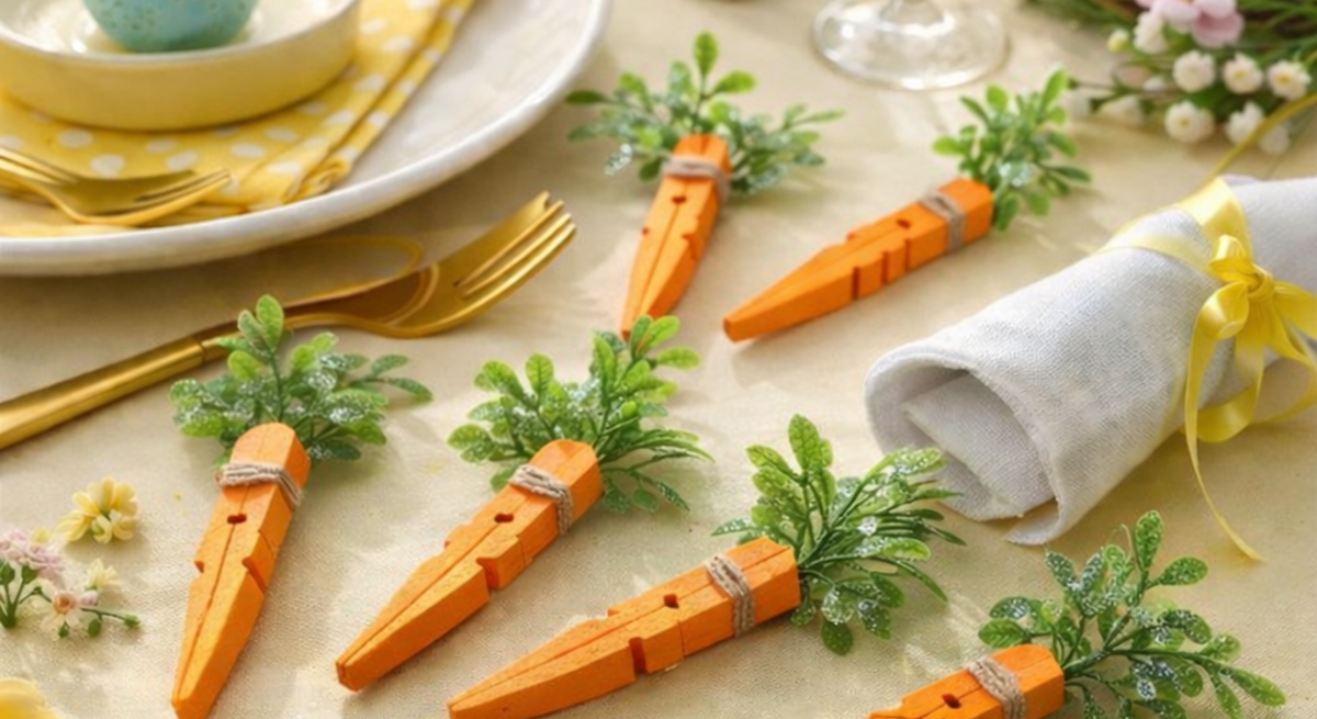   Festlich gedeckter Ostertisch mit blauem Ei auf Teller, gelber Serviette, goldbesteckten Gabeln und kleinen Deko-Karotten aus Holz-Wäscheklammern. 