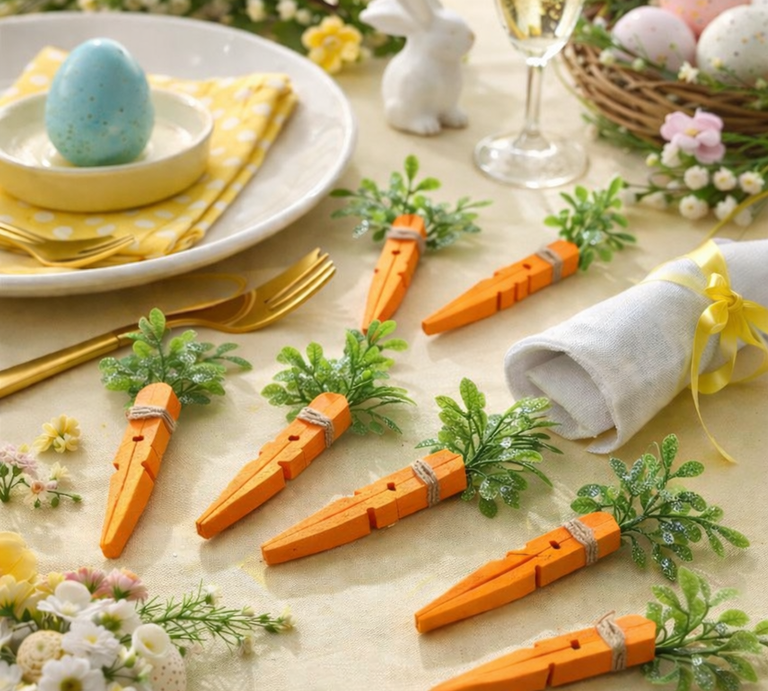  Festlich gedeckter Ostertisch mit blauem Ei auf Teller, gelber Serviette, goldbesteckten Gabeln und kleinen Deko-Karotten aus Holz-Wäscheklammern.  | © Generiert mit KI (Erstellt mit ChatGPT) 