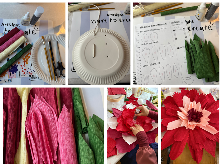Bastelmaterial für eine große Papierblume liegt auf dem Tisch: Krepppapier, Pappteller, Schere, Pinsel und Schablonen. | © Madeleine Liedke 