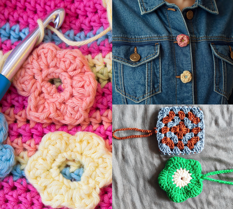 Nahaufnahme einer blauen Jeansjacke mit rosa gehäkelten Blumenverzierungen, getragen über einem beigen Pullover, im warmen Innenraum. | © Canva