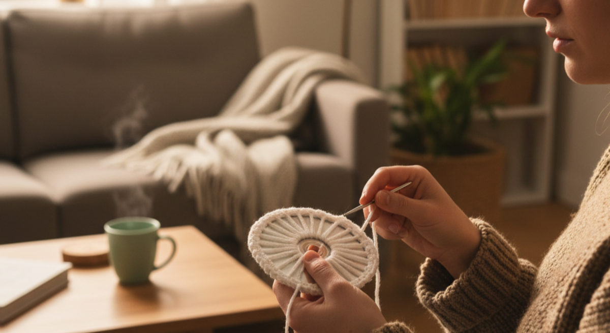 Hände einer Person mit braunem Wollpullover umhäkeln eine CD, im Hintergrund warmes Wohnzimmer mit grauem Sofa und Deko.