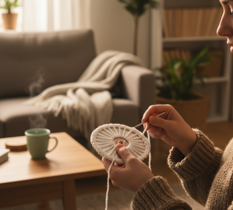 Hände einer Person mit braunem Wollpullover umhäkeln eine CD, im Hintergrund warmes Wohnzimmer mit grauem Sofa und Deko. | © Canva / AI [M]
