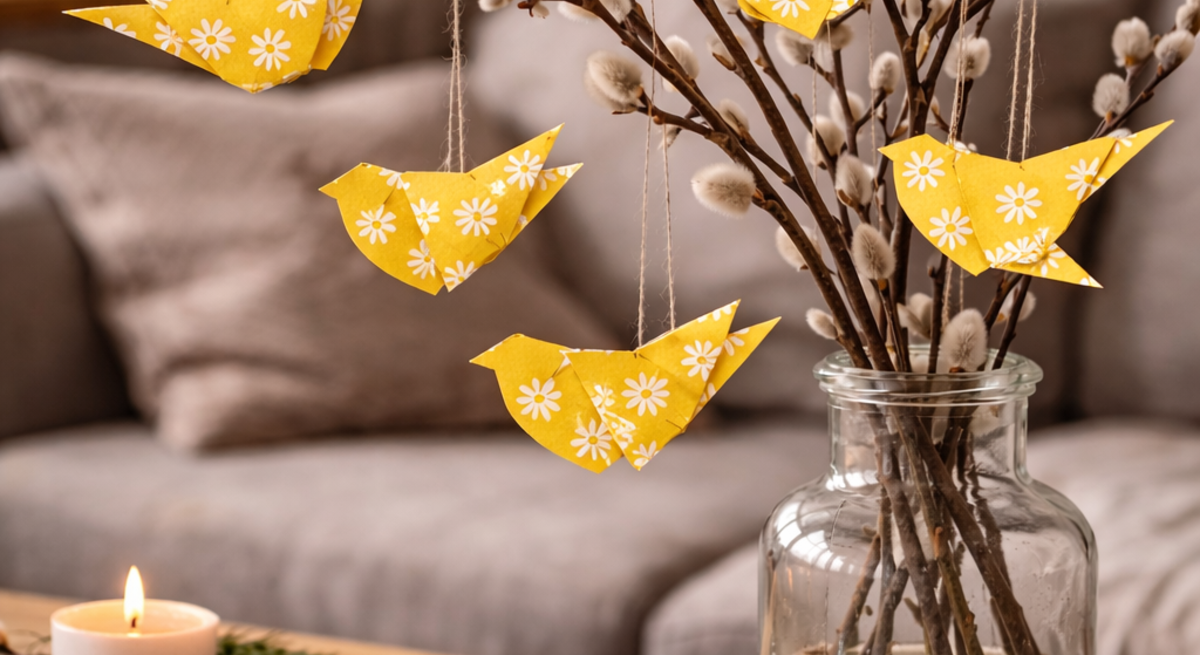 Gelbe Papier-Vögel mit Blumenmuster hängen an Weidenkätzchen in einer Glasvase auf Holztisch, Kerze und Sofa im Hintergrund.