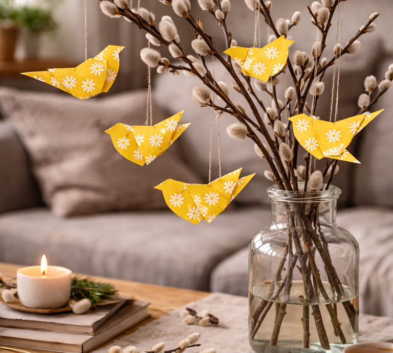 Gelbe Papier-Vögel mit Blumenmuster hängen an Weidenkätzchen in einer Glasvase auf Holztisch, Kerze und Sofa im Hintergrund. | © Generiert mit KI (Erstellt mit ChatGPT) 