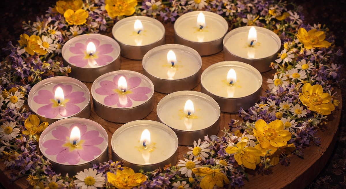 Mehrere brennende Teelichter mit rosa Primeln liegen kreisförmig auf Holz, umrahmt von bunten Wiesenblumen.