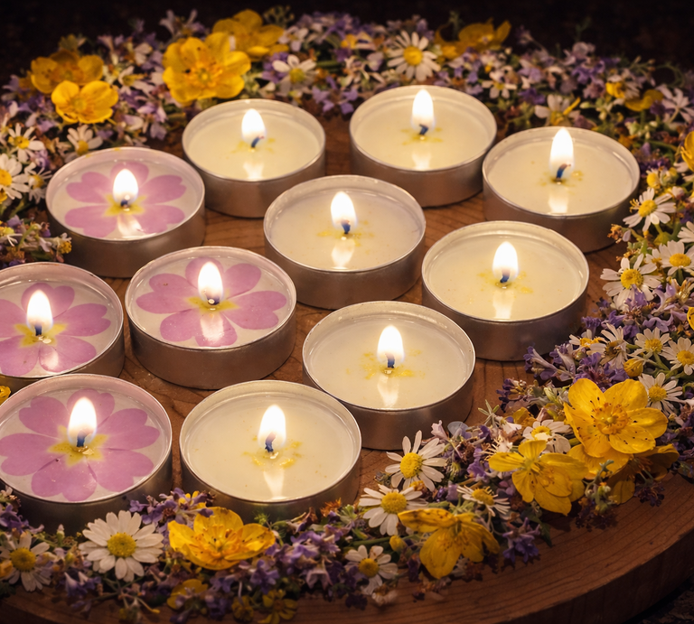 Mehrere brennende Teelichter mit rosa Primeln liegen kreisförmig auf Holz, umrahmt von bunten Wiesenblumen. | © Generiert mit KI (Erstellt mit ChatGPT) 
