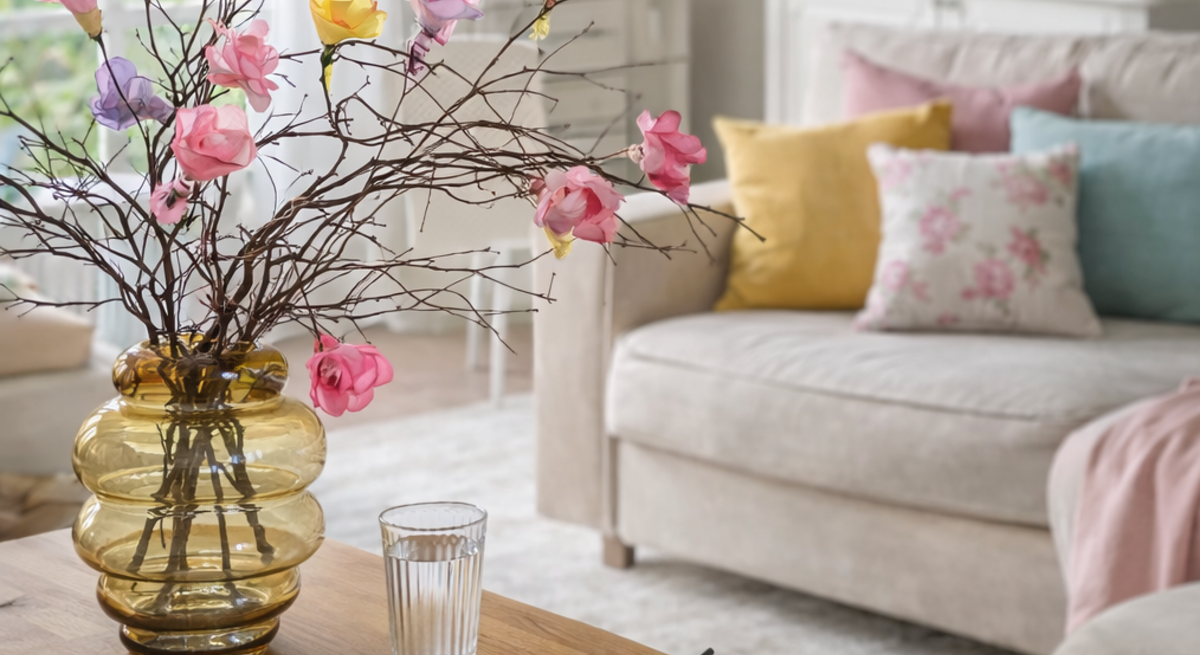 Frühlingshaftes Wohnzimmer mit hellem Sofa, pastellfarbenen Kissen und einer Vase mit rosa und gelben Blüten aus Kaffeefiltern auf dem Couchtisch.