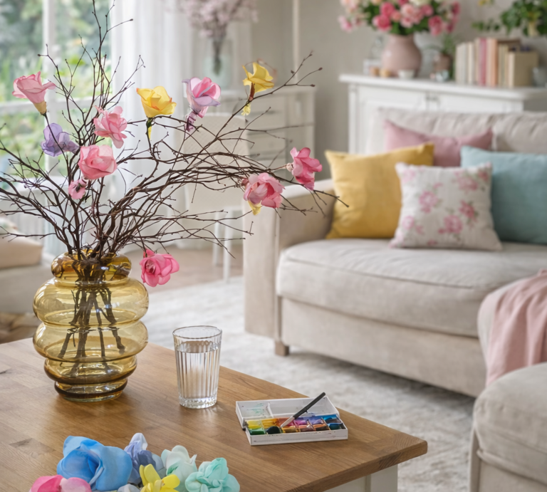 Frühlingshaftes Wohnzimmer mit hellem Sofa, pastellfarbenen Kissen und einer Vase mit rosa und gelben Blüten aus Kaffeefiltern auf dem Couchtisch. | © Generiert mit KI (Erstellt mit ChatGPT) 