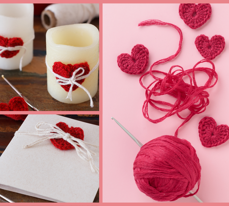Eine Collage aus gebastelten roten Herzen: Kerzen mit Herzdekor und Garn auf Holz, rosa Hintergrund mit Häkelherzen und Wolle. | © Canva / privat [M]