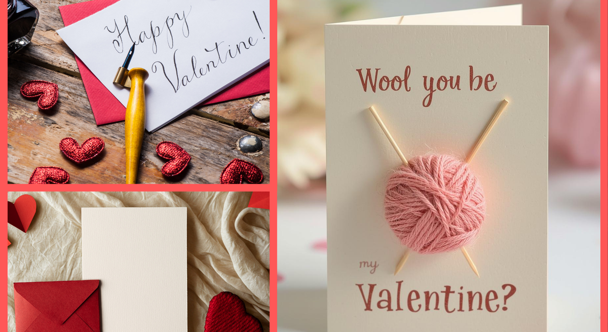 Eine kreative Collage aus Valentinskarten: oben ein handgeschriebener Gruß „Happy Valentine!“ mit Dekoherzen, Mitte eine originelle Karte mit rosa Garn und Stricknadeln; unten rotes Briefpapier auf Stoff mit Herzdetails.