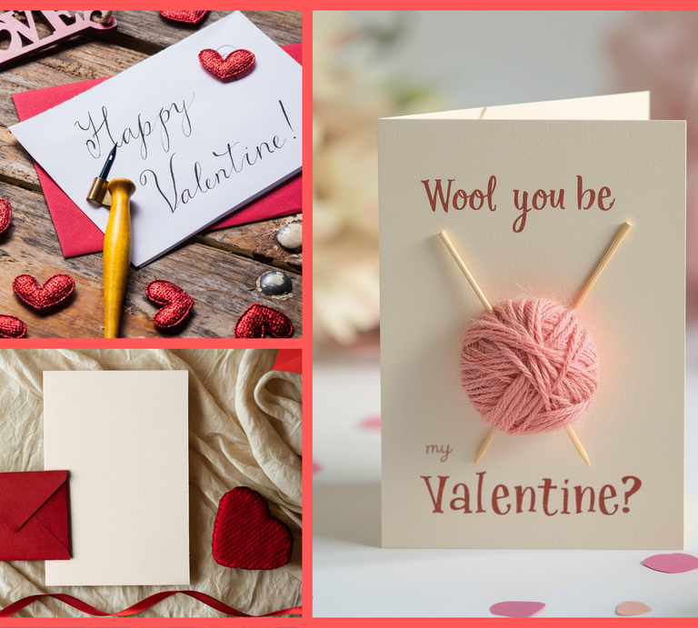 Eine kreative Collage aus Valentinskarten: oben ein handgeschriebener Gruß „Happy Valentine!“ mit Dekoherzen, Mitte eine originelle Karte mit rosa Garn und Stricknadeln; unten rotes Briefpapier auf Stoff mit Herzdetails. | © Canva / AI [M]