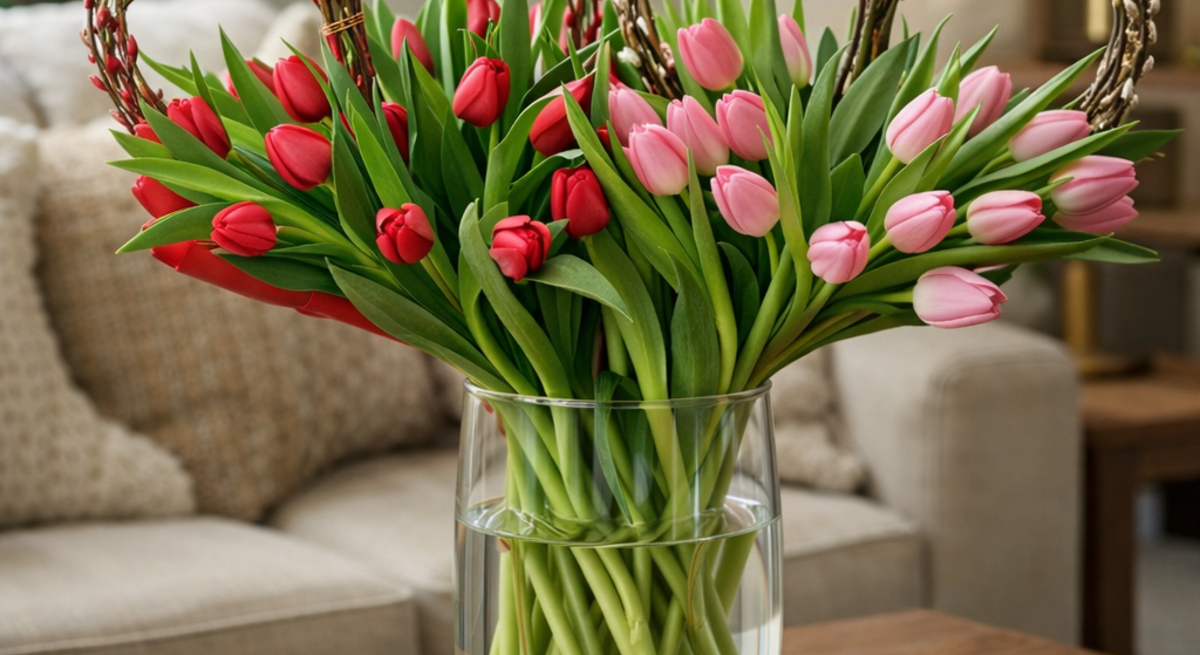 Rote und rosafarbene Tulpen mit Weidenkätzchen in Herz-Form in einer Glasvase auf Holztisch, im Hintergrund ein gemütliches Sofa.