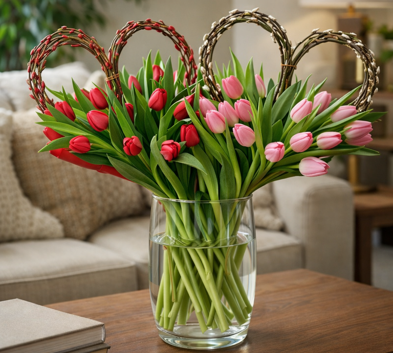 Rote und rosafarbene Tulpen mit Weidenkätzchen in Herz-Form in einer Glasvase auf Holztisch, im Hintergrund ein gemütliches Sofa. | © Generiert mit KI (Erstellt mit ChatGPT) 