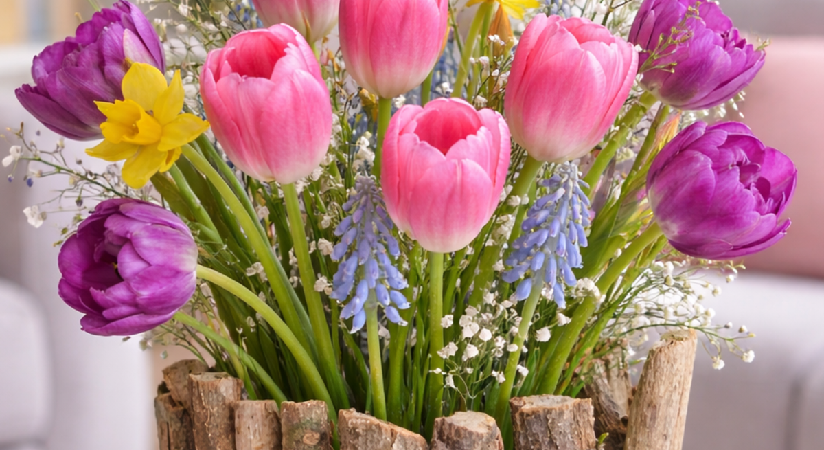 Bunter Frühlingsstrauß mit Tulpen und Narzissen in Vase aus Ästen auf goldenem Tablett vor pastellfarbenem Sofa.