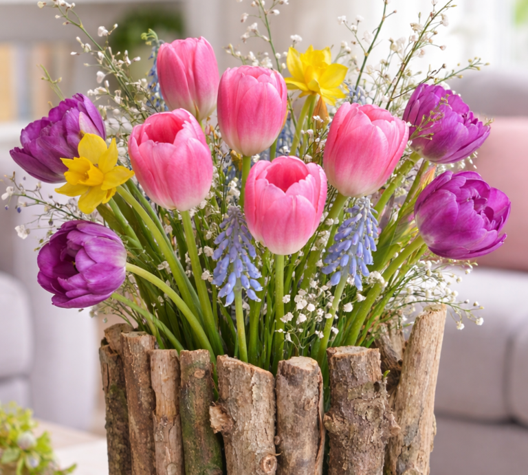 Bunter Frühlingsstrauß mit Tulpen und Narzissen in Vase aus Ästen auf goldenem Tablett vor pastellfarbenem Sofa. | © Generiert mit KI (Erstellt mit ChatGPT) 