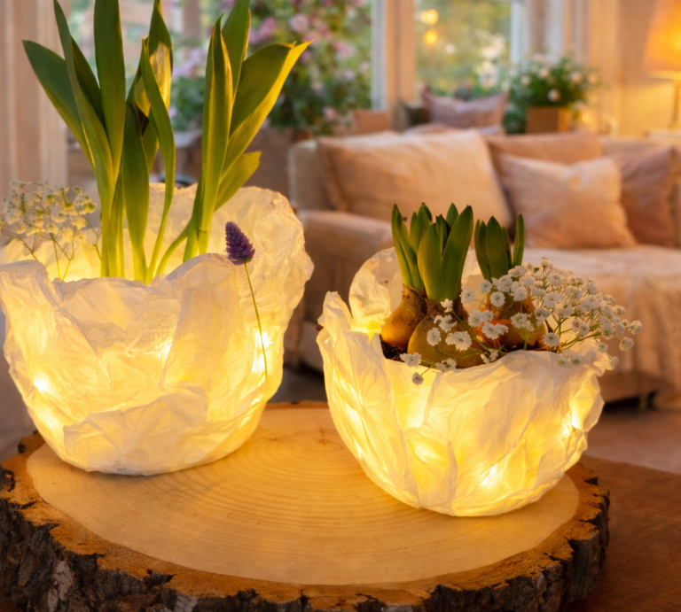 Zwei leuchtende Tulpen aus Butterbrotpapier stehen mit Frühlingsblumen auf einer Baumscheibe in gemütlich beleuchtetem Wohnzimmer. | © Generiert mit KI (Erstellt mit ChatGPT)