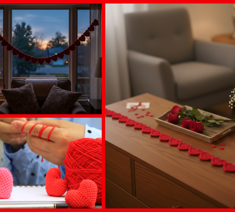 Eine Collage mit gehäkelten roten Herzen: Deko im Wohnzimmer, Rosen und Kerzen auf dem Tisch, sowie Basteln mit rotem Garn. | © Canva / AI [M]