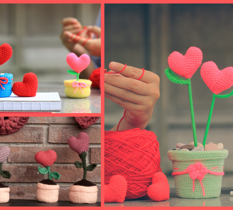 Eine Collage aus herzförmigen gehäkelten Blumen in bunten Töpfen, Ziegelwand, Hände beim Häkeln und Garn, liebevoll dekoriert. | © Canva [M]