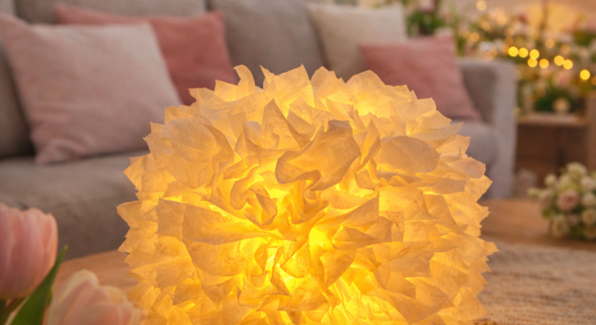 Warm leuchtender Kerzenhalter aus Einmachglas und Taschentüchern  in Blütenform steht auf einem Holztisch, dahinter ein Sofa mit rosafarbenen Kissen im Frühlingston.