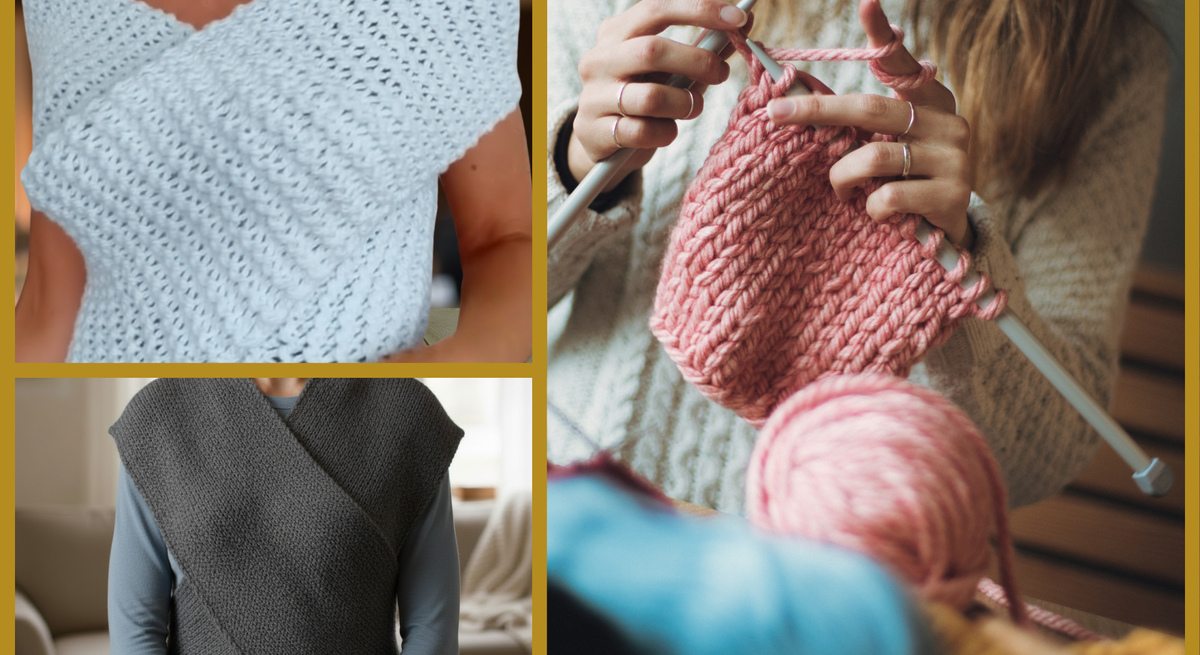 Drei Bilder zeigen handgestrickte Mode: oben ein hellblaues Oberteil, rechts rosa Strickarbeit, unten grauer Wollponcho, Hintergrund teils wohnlich.