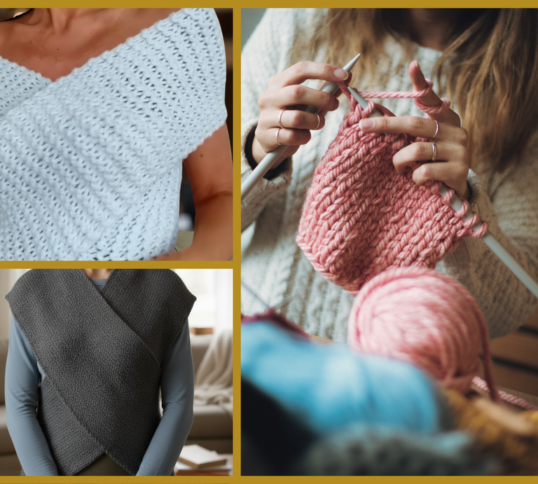 Drei Bilder zeigen handgestrickte Mode: oben ein hellblaues Oberteil, rechts rosa Strickarbeit, unten grauer Wollponcho, Hintergrund teils wohnlich. | © Canva / AI [M]