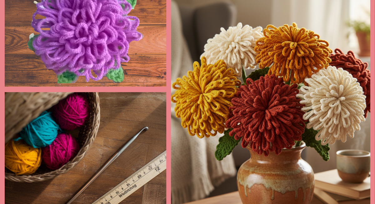 Collage mit handgefertigter lilafarbener Häkelblume auf Holztisch, Wollknäueln und Häkelnadel sowie bunter Häkelblumen-Vase im hellen Wohnzimmer.