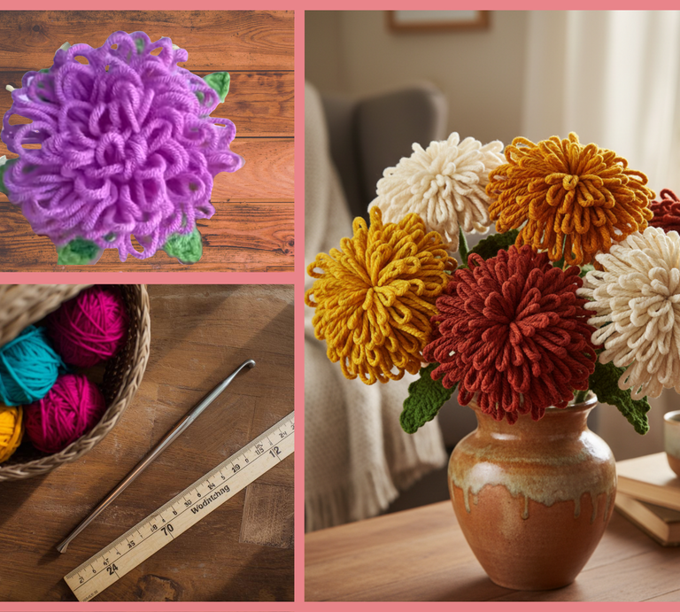 Collage mit handgefertigter lilafarbener Häkelblume auf Holztisch, Wollknäueln und Häkelnadel sowie bunter Häkelblumen-Vase im hellen Wohnzimmer. | © Canva / AI [M]