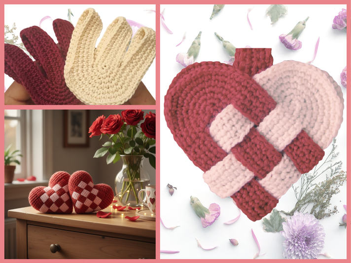 Eine Collage aus Häkeldetails: Links zwei Häkelstücke in Rot und Creme, unten Herzen auf Holztisch mit Blumen, rechts geflochtenes Herz vor hellem Hintergrund. | © Canva / AI [M]