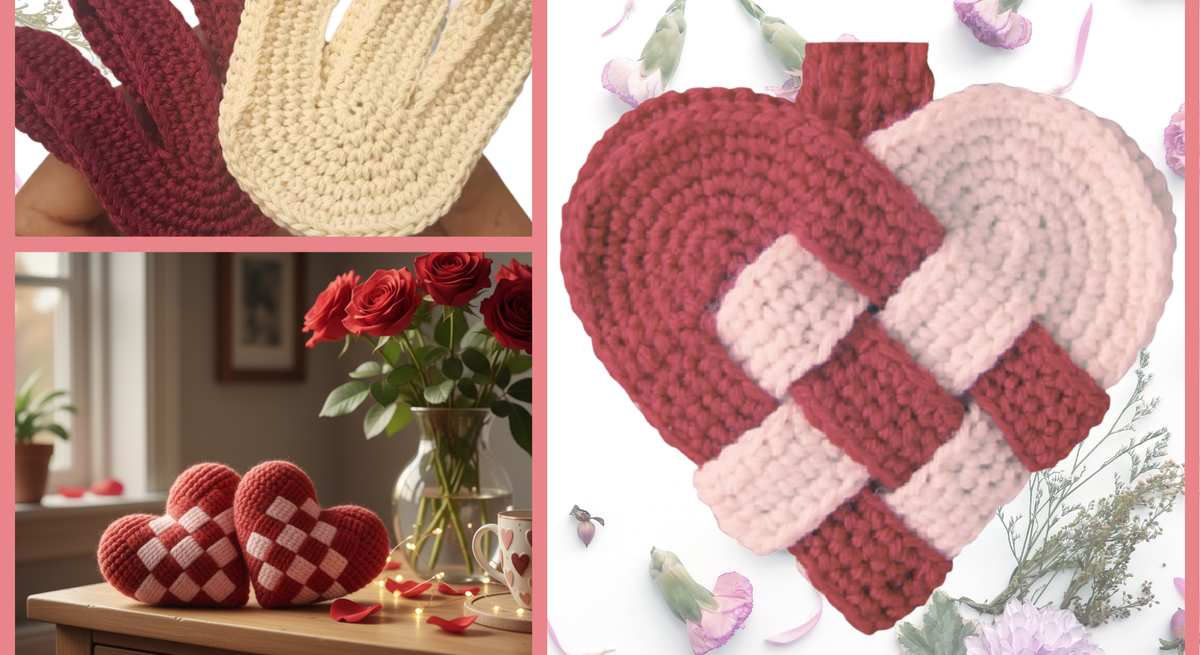 Eine Collage aus Häkeldetails: Links zwei Häkelstücke in Rot und Creme, unten Herzen auf Holztisch mit Blumen, rechts geflochtenes Herz vor hellem Hintergrund.