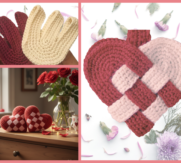 Eine Collage aus Häkeldetails: Links zwei Häkelstücke in Rot und Creme, unten Herzen auf Holztisch mit Blumen, rechts geflochtenes Herz vor hellem Hintergrund. | © Canva / AI [M]