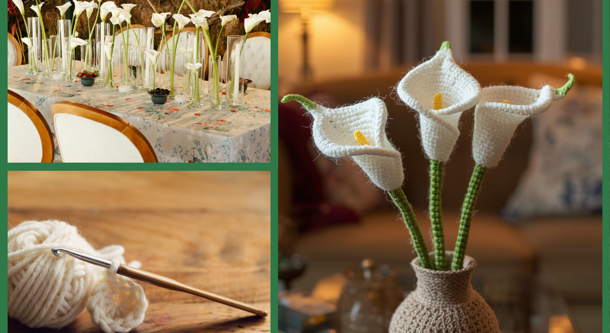Eine Collage zeigt weiße Calla-Lilien: Links ein festlich gedeckter Tisch mit frischen Blumen, rechts gestrickte Lilien in Vase, unten Garn und Häkelnadel.