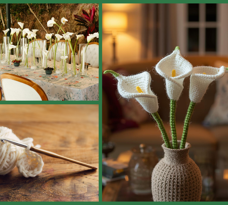 Eine Collage zeigt weiße Calla-Lilien: Links ein festlich gedeckter Tisch mit frischen Blumen, rechts gestrickte Lilien in Vase, unten Garn und Häkelnadel. | © Canva / AI [M]