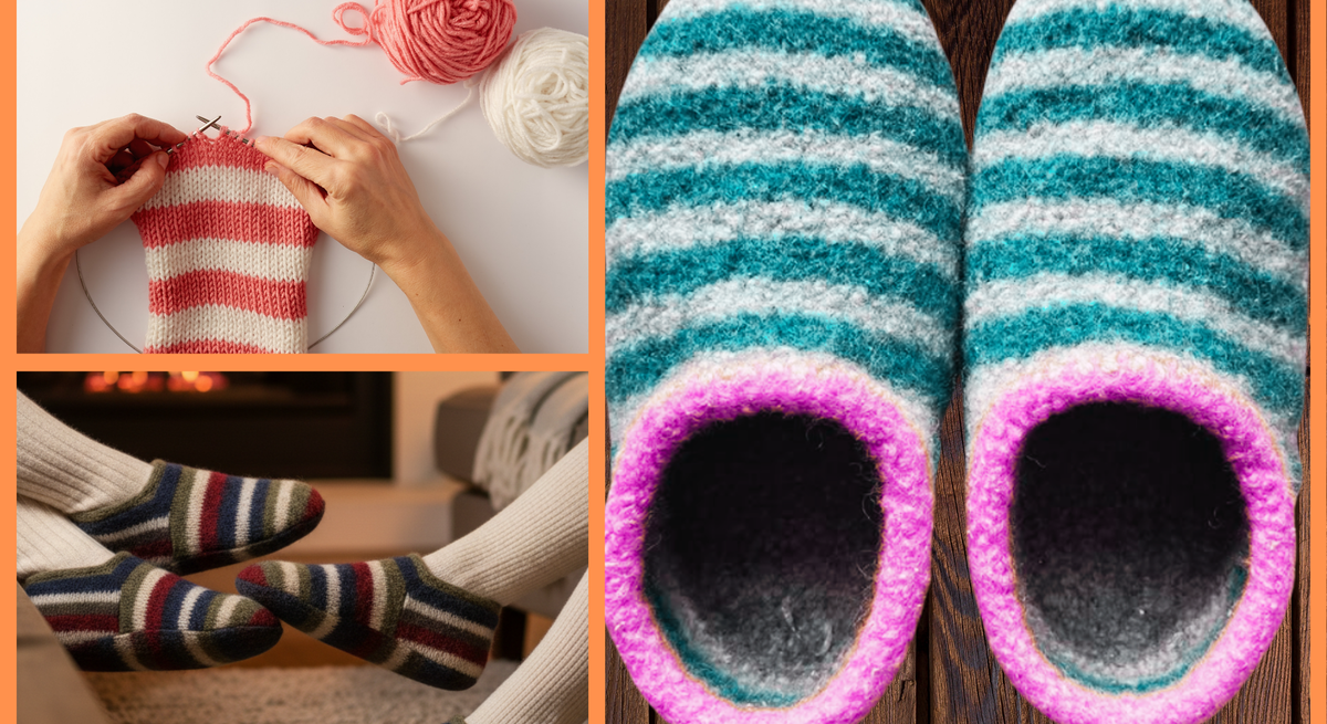 Eine Collage zeigt eine Strickarbeit mit gestreifter Wolle, gemütliche Haussocken vor einem Kamin und gestrickte Puschen auf Holz.