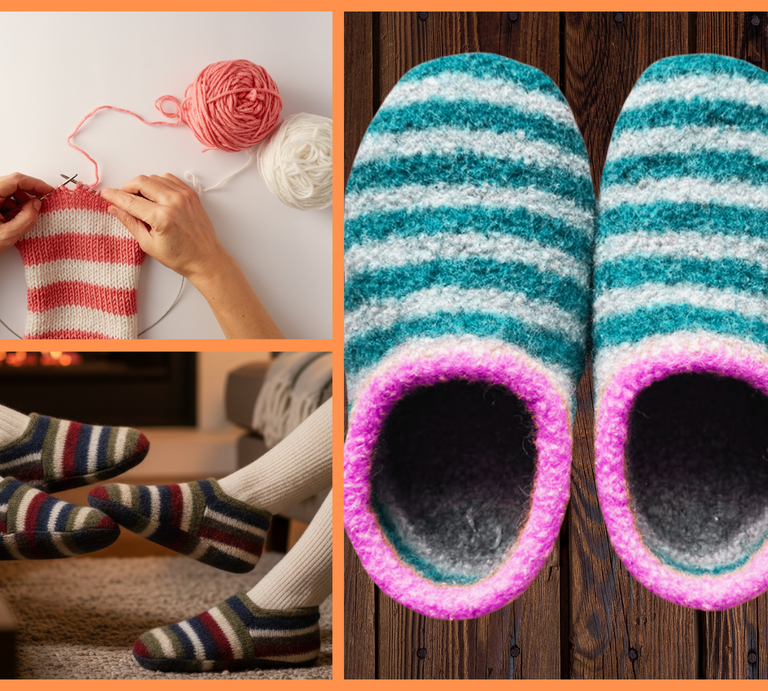 Eine Collage zeigt eine Strickarbeit mit gestreifter Wolle, gemütliche Haussocken vor einem Kamin und gestrickte Puschen auf Holz. | © Canva / AI [M]