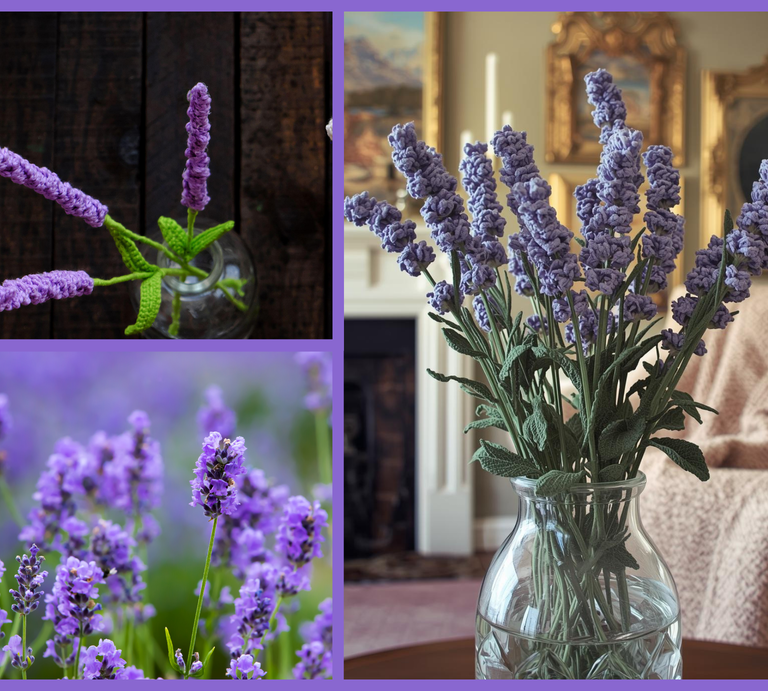 Collage mit drei Lavendelmotiven: Gestrickte Zweige in Glasvase auf dunklem Holz, Lavendelfeld in hellem Sonnenlicht und Vase mit Kunstlavendel in elegantem Innenraum. | © Canva, AI [M]