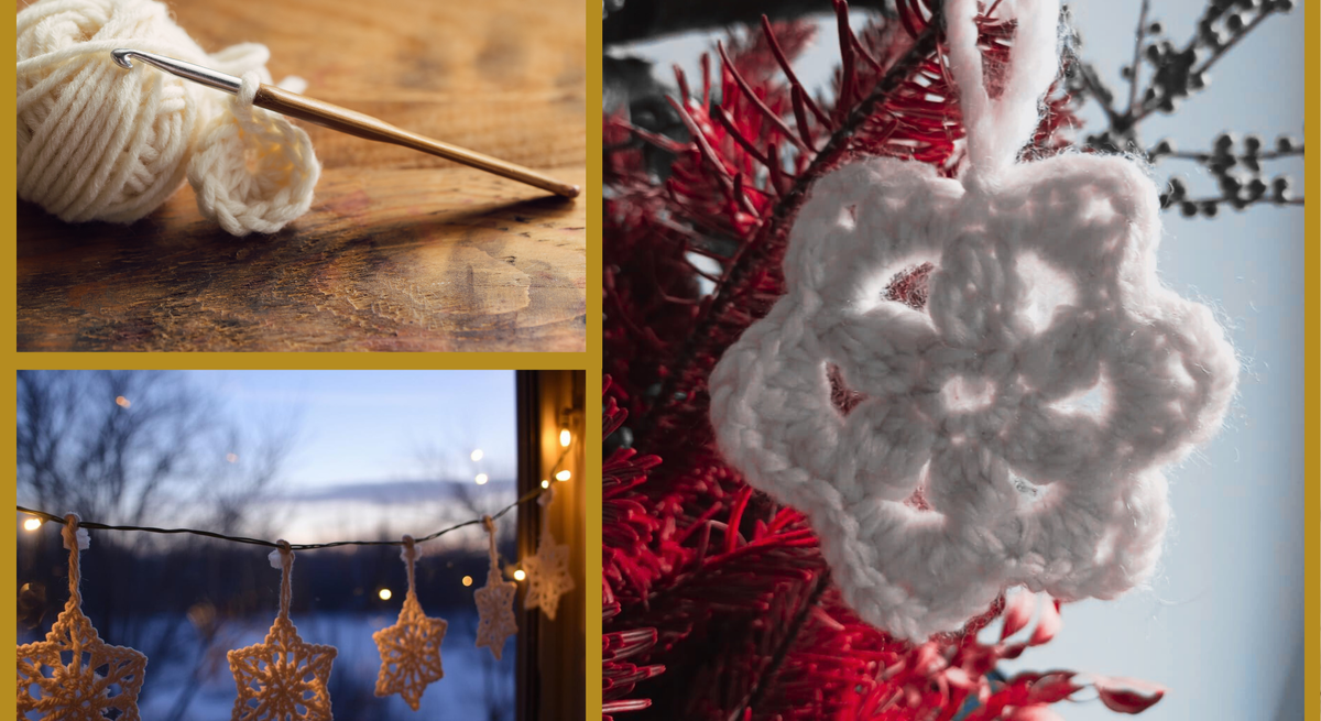 Eine Collage: weißes Wollknäuel mit Häkelnadel, gehäkelte Sterne an rotem Ast und Lichterkette vor winterlicher Landschaft.