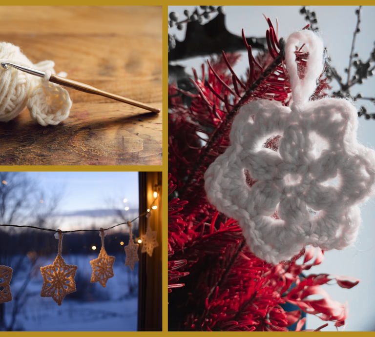 Eine Collage: weißes Wollknäuel mit Häkelnadel, gehäkelte Sterne an rotem Ast und Lichterkette vor winterlicher Landschaft. | © Canva / AI [M]