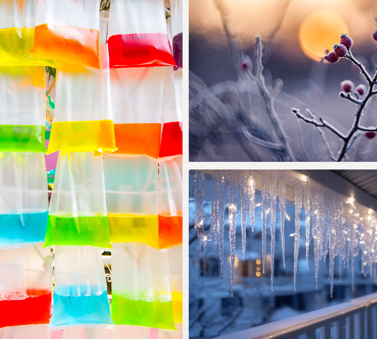 Bunte Flüssigkeiten in Hängbeuteln leuchten nebeneinander, daneben vereiste Zweige vor tiefstehender Sonne im Abendlicht. | © Canva/Collage:bildderfrau.de