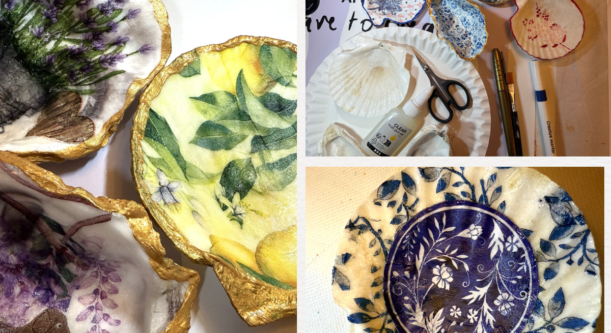 Kunstvoll bemalte Muschelschalen mit floralen Mustern, Goldrand und Bastelutensilien liegen auf einem hellen Tisch arrangiert.