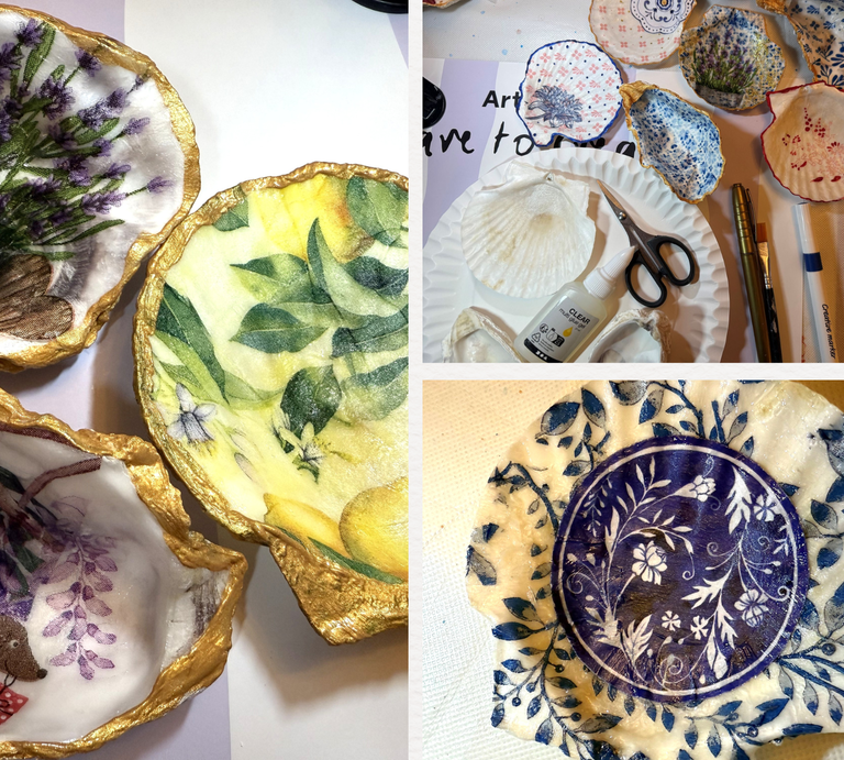 Kunstvoll bemalte Muschelschalen mit floralen Mustern, Goldrand und Bastelutensilien liegen auf einem hellen Tisch arrangiert. | © Canva/Collage/Madeleine Liedke/bildderfrau.de