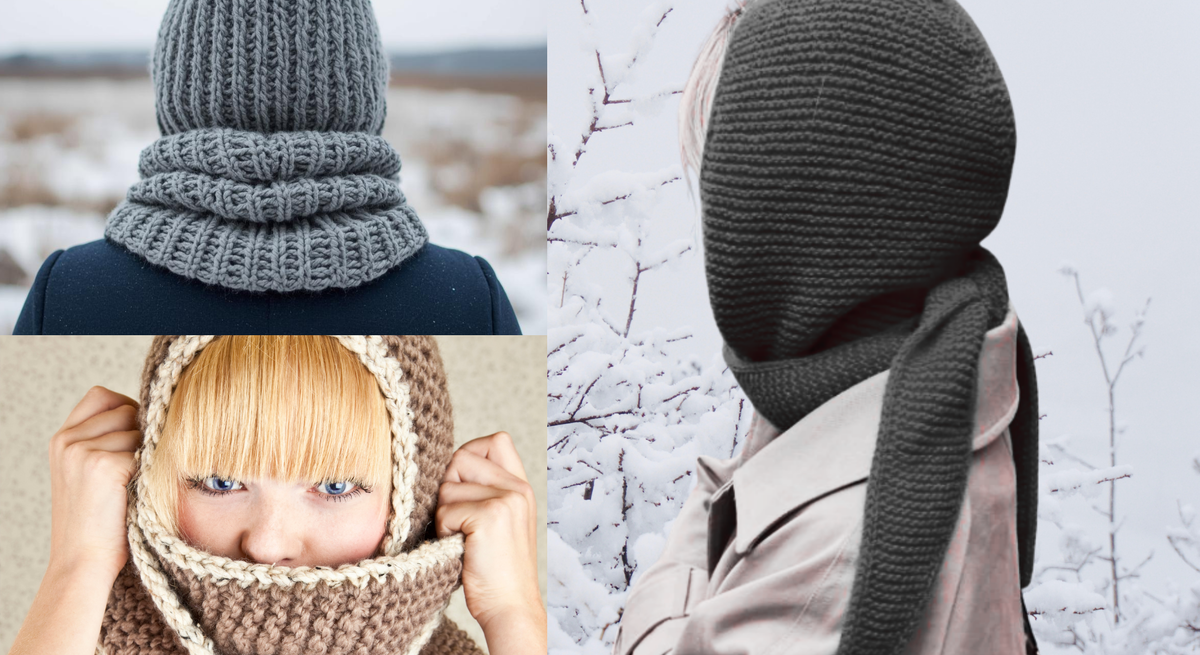 Collage aus gestrickten Kapuzenschals: Grau in Naturkulisse, schwarzes Modell im Schnee, braunes mit hellen Rändern vor beigem Hintergrund.