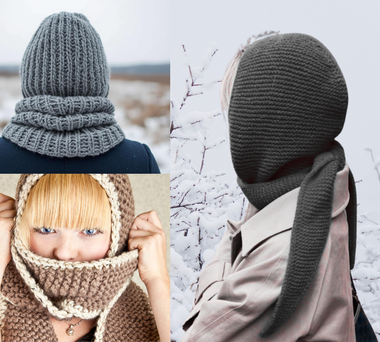 Collage aus gestrickten Kapuzenschals: Grau in Naturkulisse, schwarzes Modell im Schnee, braunes mit hellen Rändern vor beigem Hintergrund. | © Canva / AI [M]