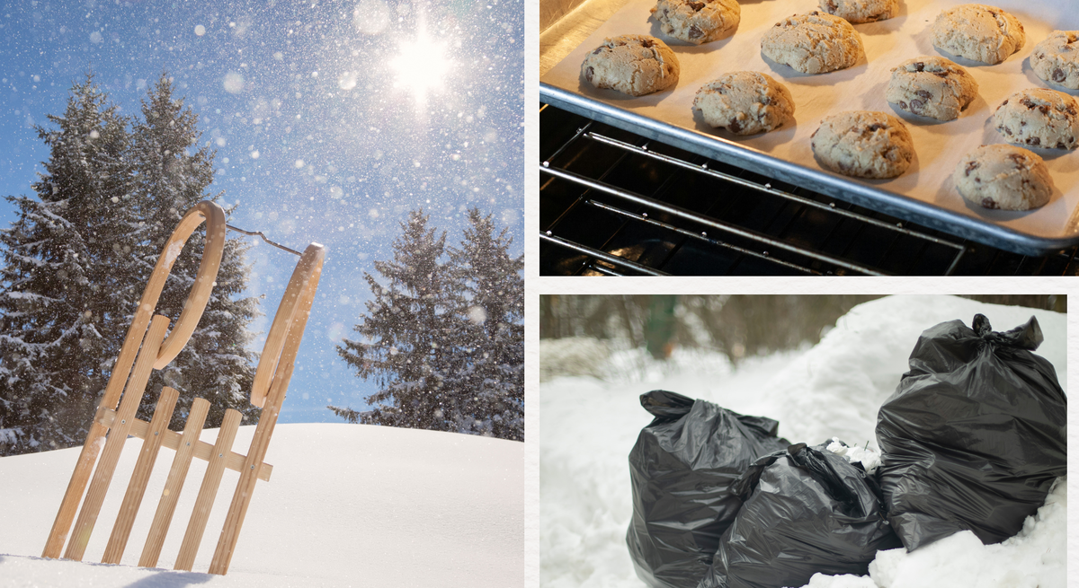 Winterliche Collage mit Schlitten im Schnee bei Sonnenlicht, frisch gebackenen Cookies im Ofen und schwarzen Müllsäcken im Freien.